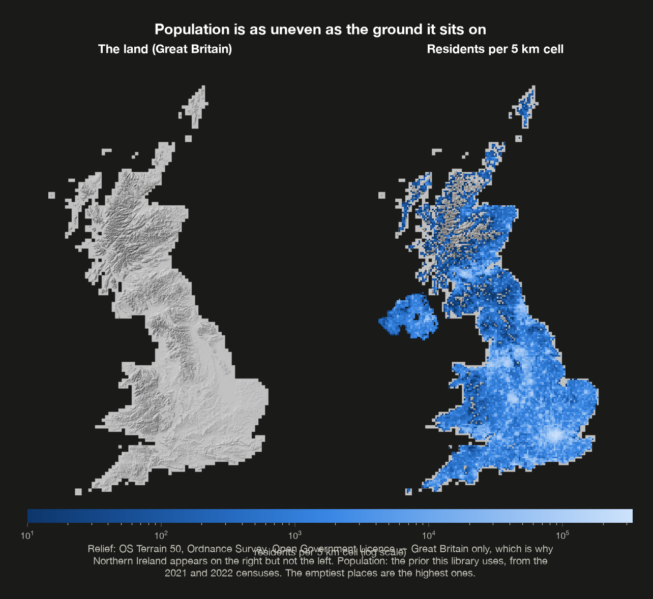 Relief map of Great Britain beside a map of residents per 5 km cell