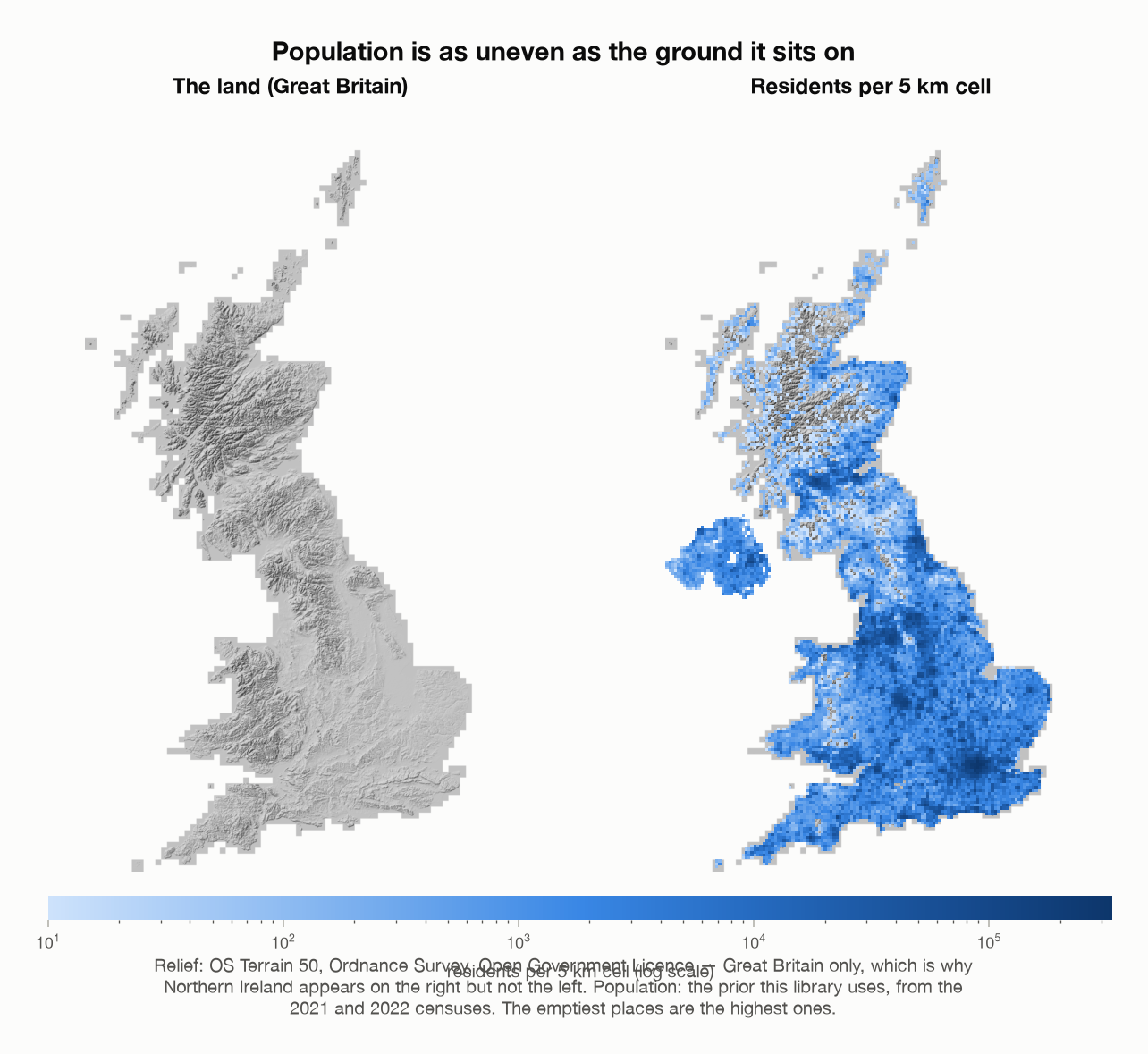 Relief map of Great Britain beside a map of residents per 5 km cell